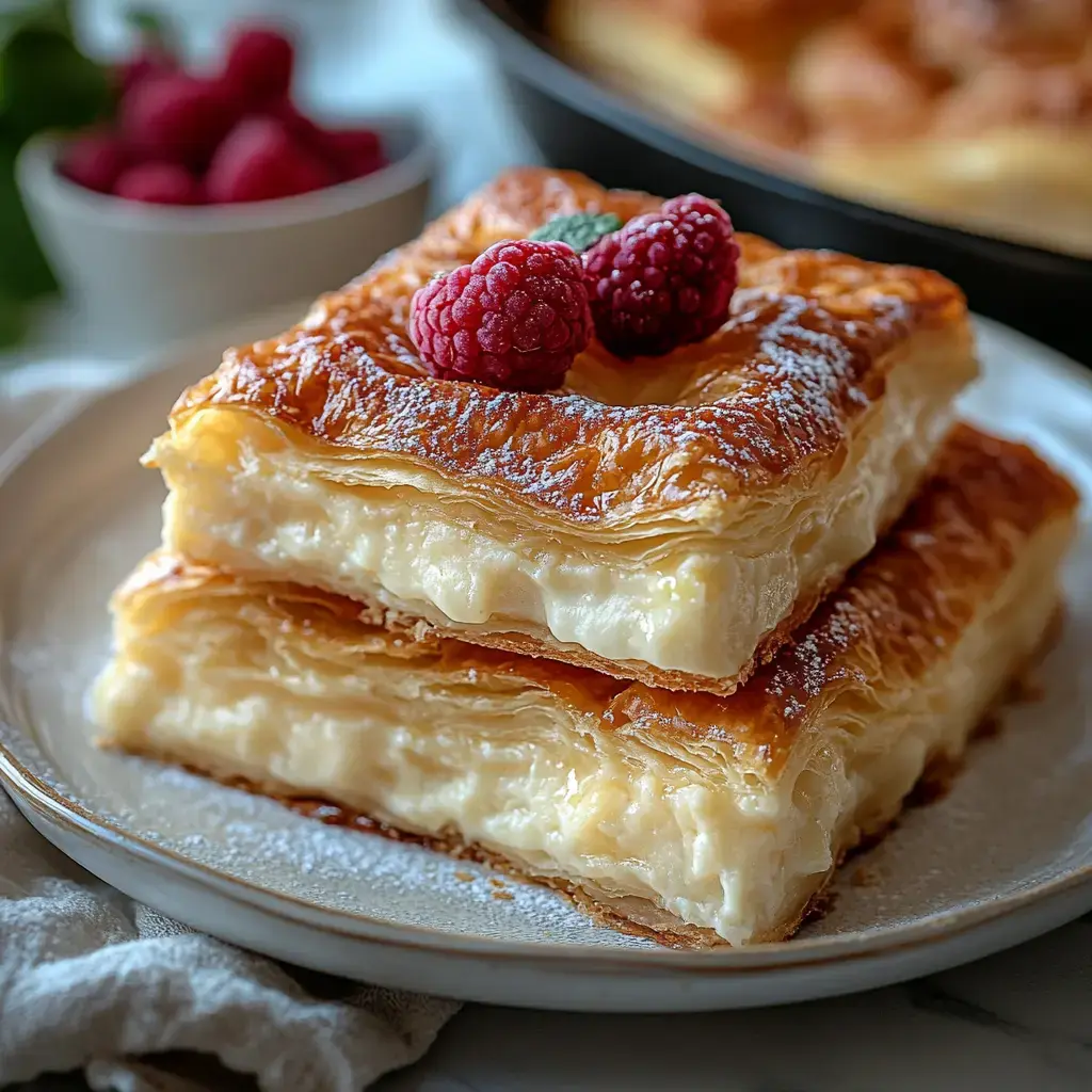 A close-up of two layers of flaky pastry filled with cream, topped with raspberries and powdered sugar, served on a plate.