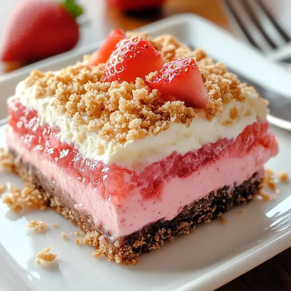 A layered dessert featuring a brown crust, pink filling, red gelatin, whipped cream topping, and garnished with fresh strawberries and crumbs.