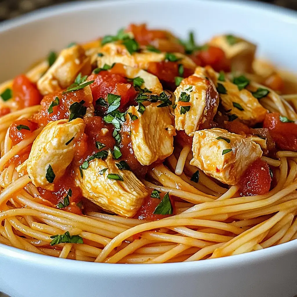 A bowl of spaghetti topped with chicken, tomatoes, and parsley.