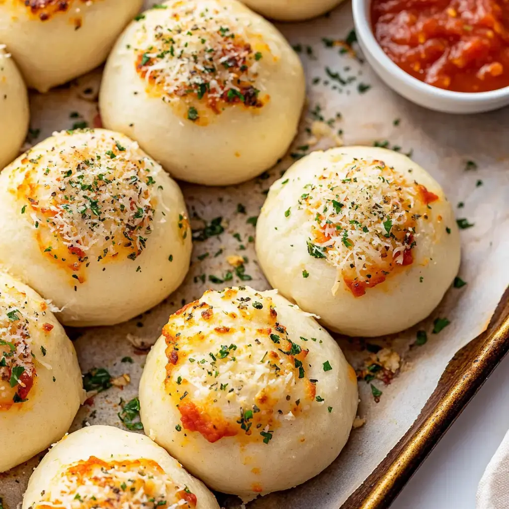 A tray of freshly baked cheese-stuffed bread rolls, topped with herbs and served with a small bowl of marinara sauce.