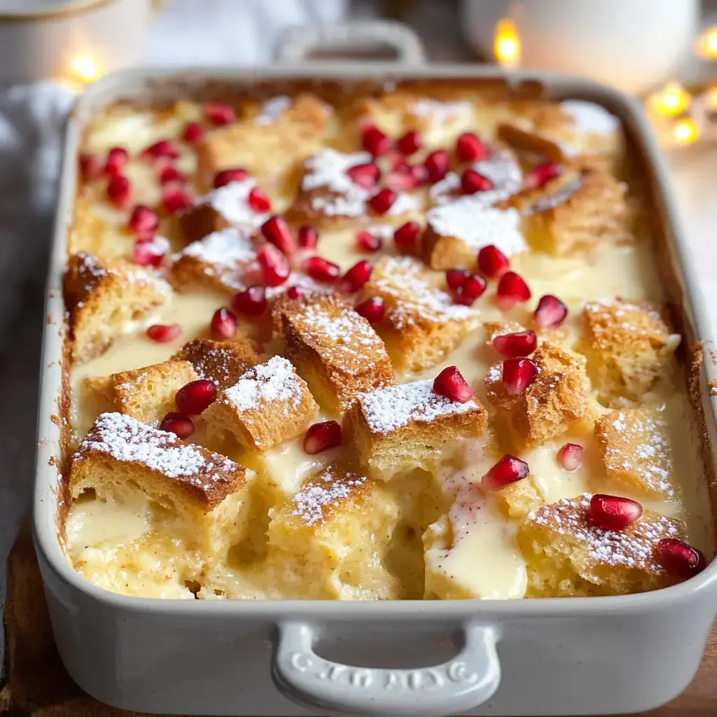 A creamy bread pudding topped with pomegranate seeds and powdered sugar in a baking dish.