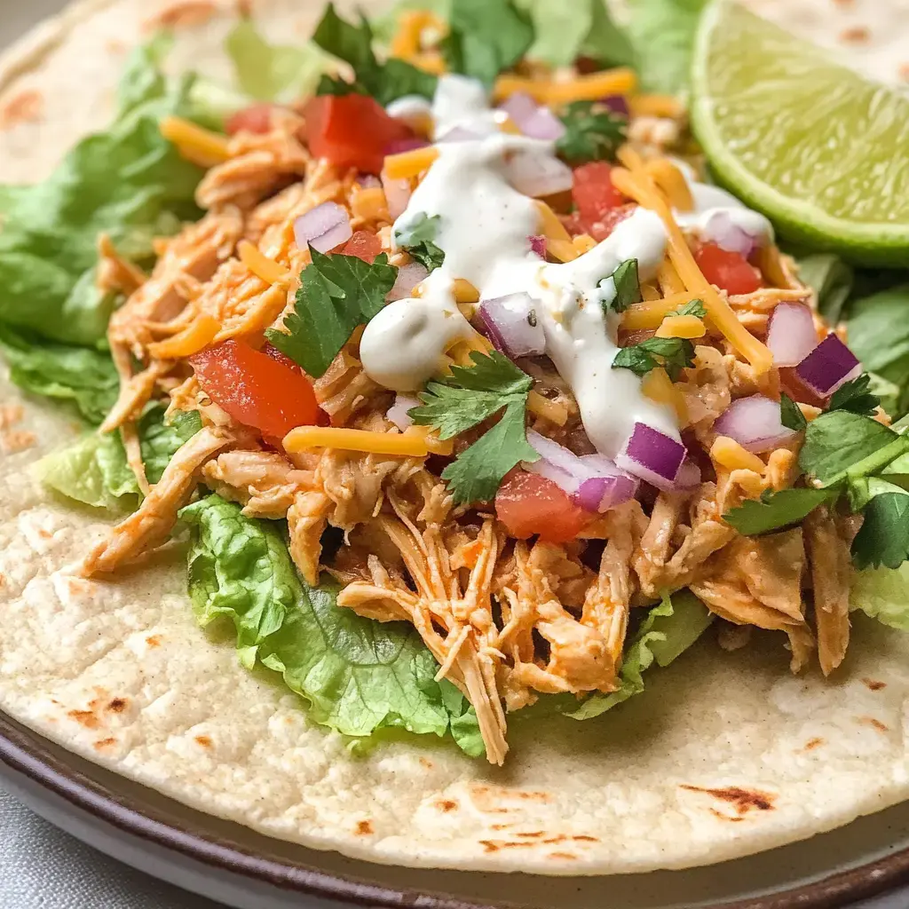 A close-up of a flour tortilla filled with shredded chicken, lettuce, tomatoes, cheese, cilantro, and a lime wedge, drizzled with sour cream.