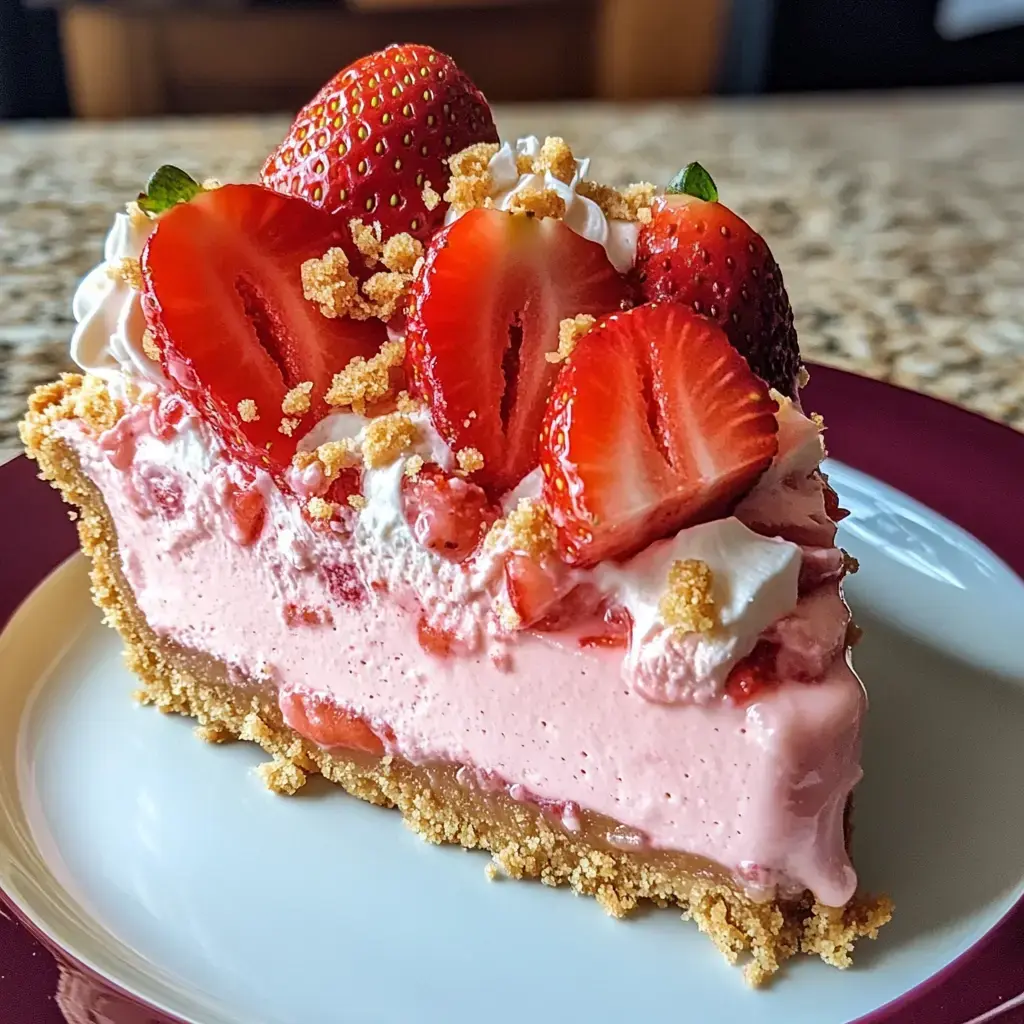 A slice of strawberry cream pie topped with fresh strawberries and crumbs on a plate.