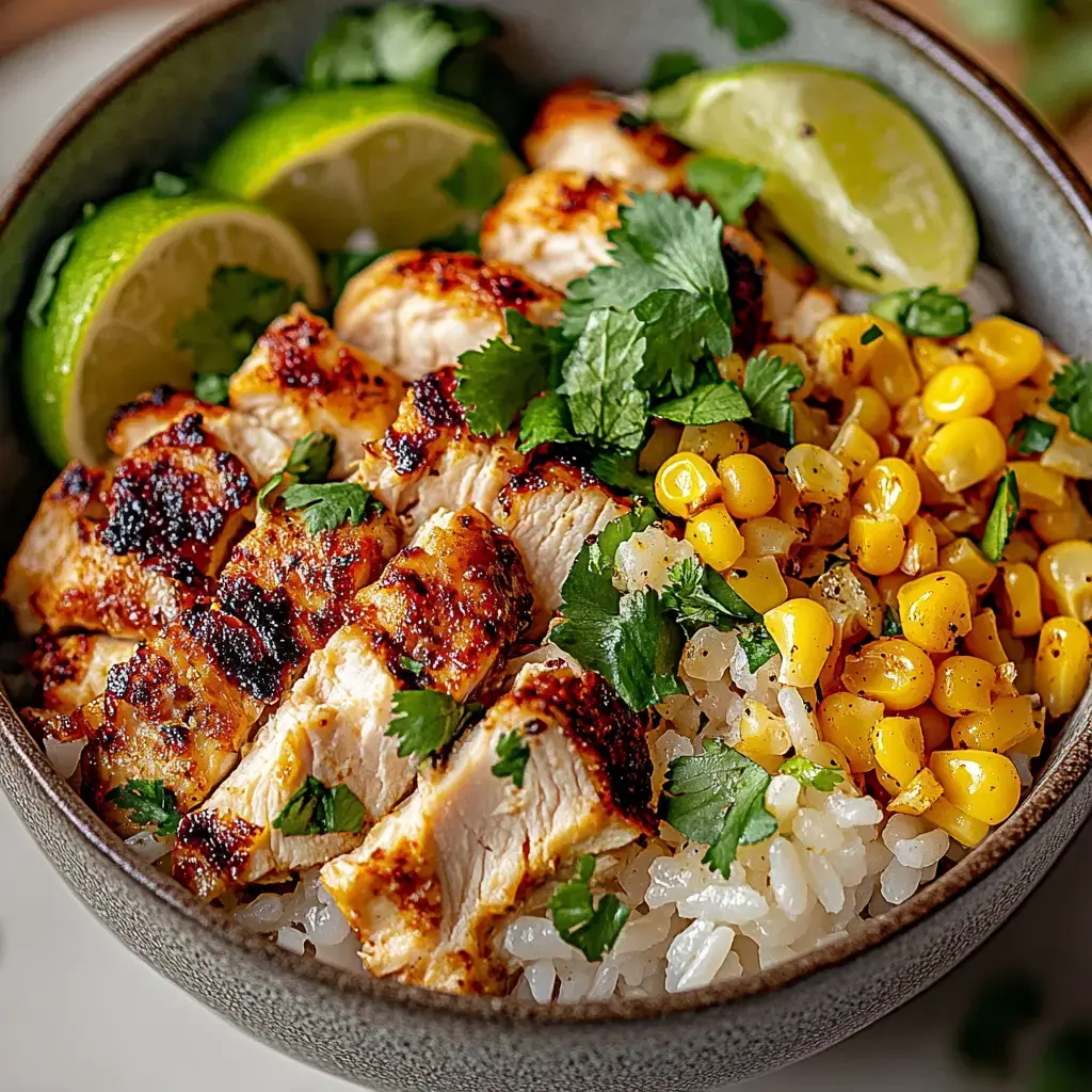 A bowl of rice topped with grilled chicken, sweet corn, fresh cilantro, and lime wedges.