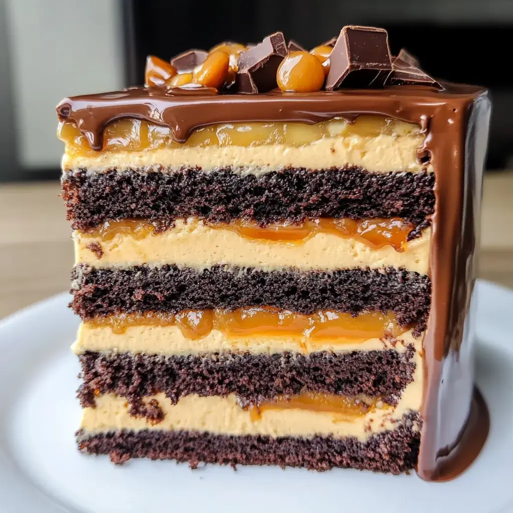 A slice of layered chocolate cake with alternating creamy caramel and peanut butter fillings, topped with chocolate ganache and crunchy toppings.