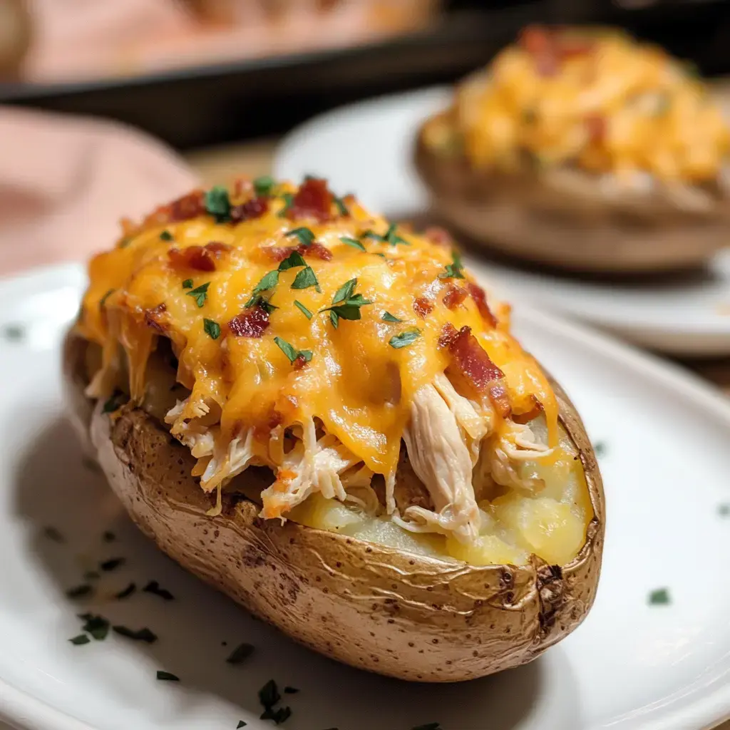 A baked potato is topped with shredded chicken, melted cheddar cheese, crispy bacon bits, and fresh parsley.