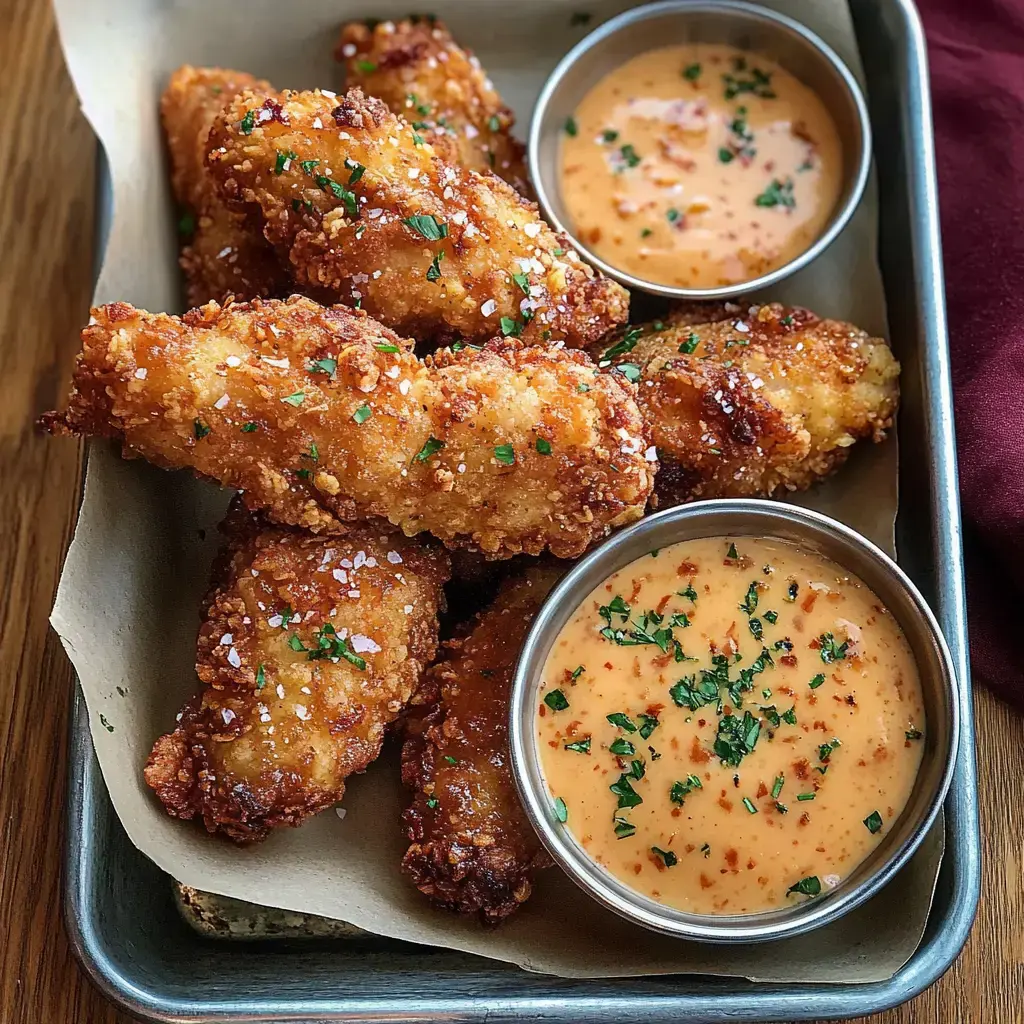 A tray of crispy fried chicken tenders is accompanied by two small bowls of dipping sauce, garnished with chopped herbs.