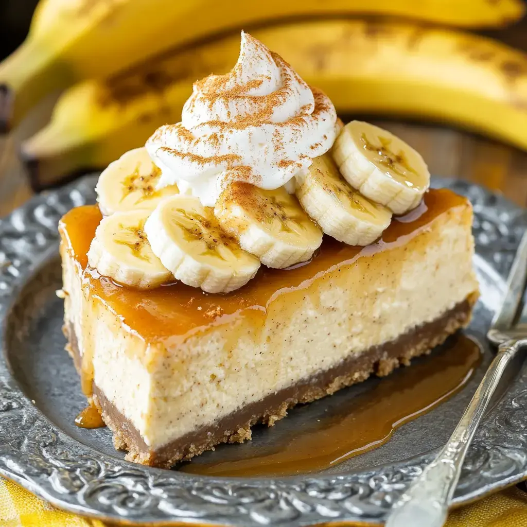 A slice of banana cheesecake topped with banana slices, whipped cream, and caramel sauce, served on a silver plate with bananas in the background.