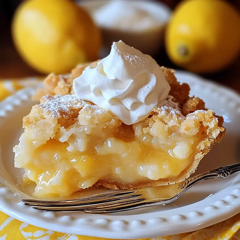 A slice of lemon pie topped with whipped cream and powdered sugar, served on a white plate with a fork, with fresh lemons in the background.