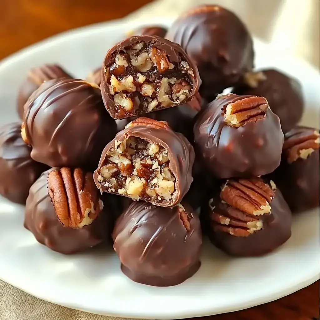 A close-up of chocolate-covered candy balls with a pecan and caramel filling, some cut in half to show the interior texture.