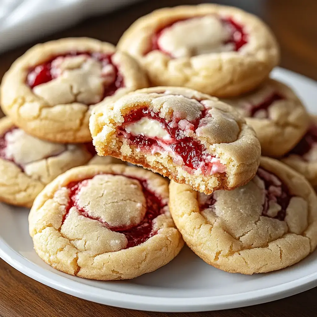 A plate of cookies filled with raspberry jam and cream, with one cookie broken in half to reveal its contents.