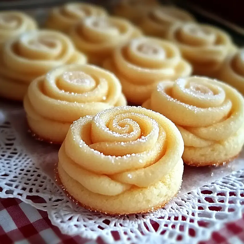 A close-up of beautifully shaped yellow rose-shaped pastries arranged in a pattern, resting on a lace doily.