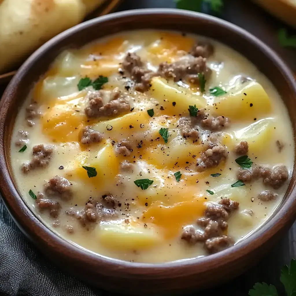 A bowl of creamy potato soup topped with ground beef, shredded cheese, and garnished with parsley.