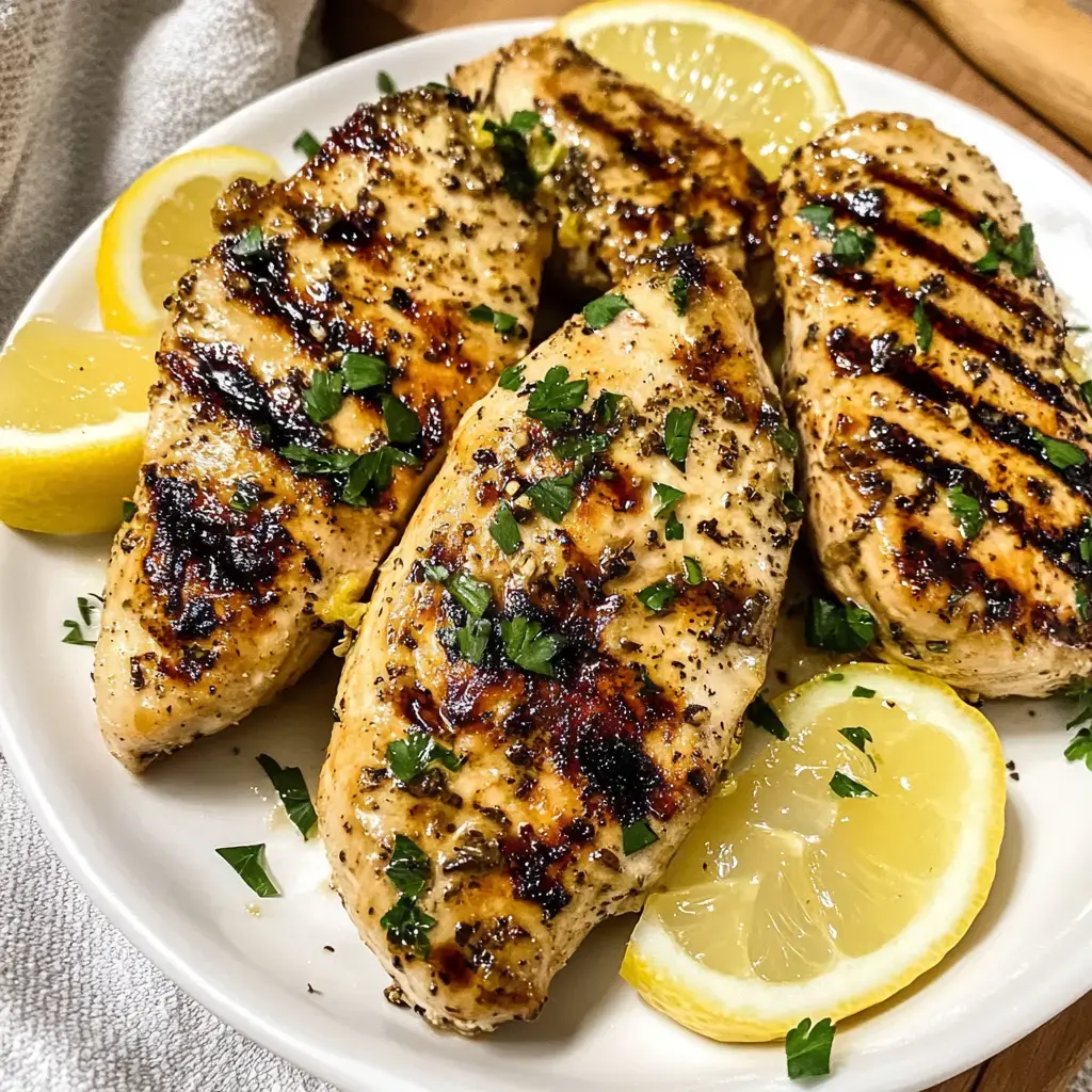 Grilled chicken breasts garnished with parsley and served with lemon slices.