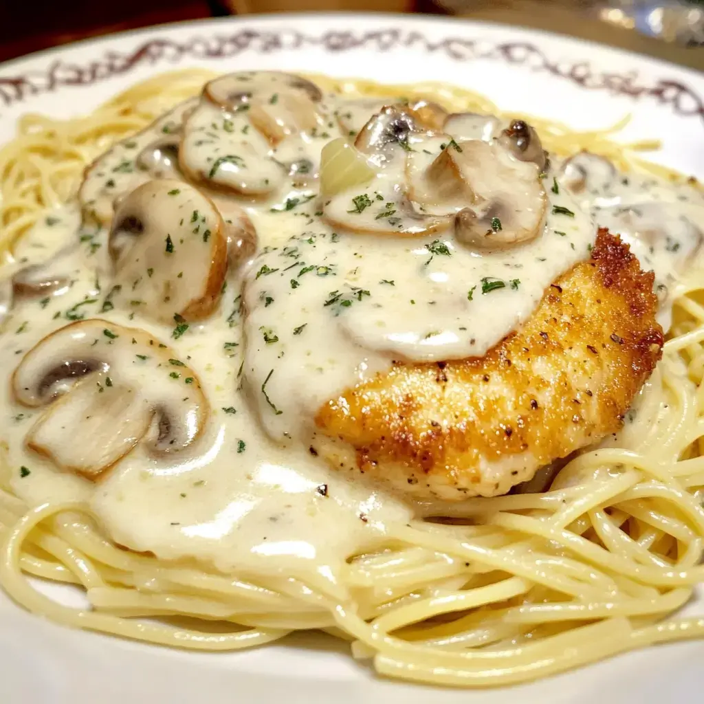 A plate of pasta topped with creamy mushroom sauce and a piece of crispy fried chicken.