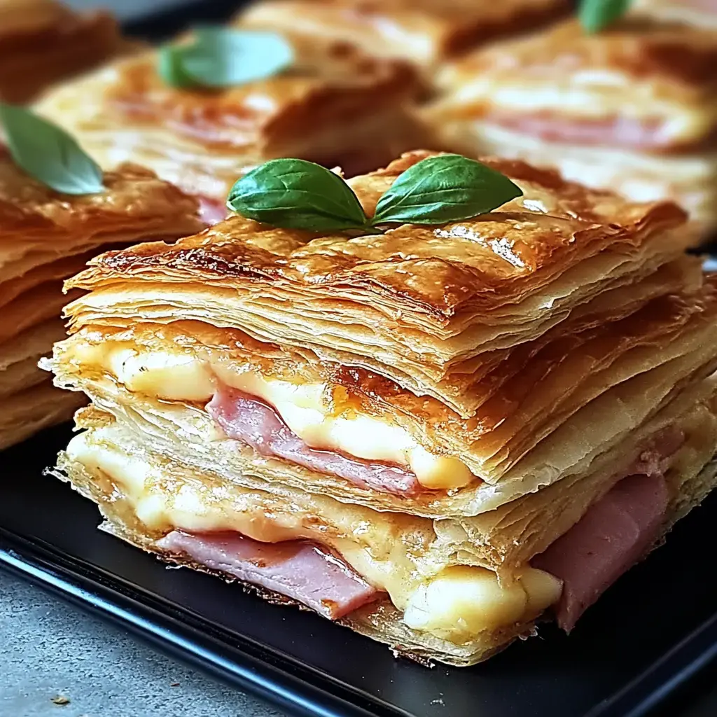 A close-up of layered, flaky pastry filled with cheese and ham, garnished with a small basil leaf on top.