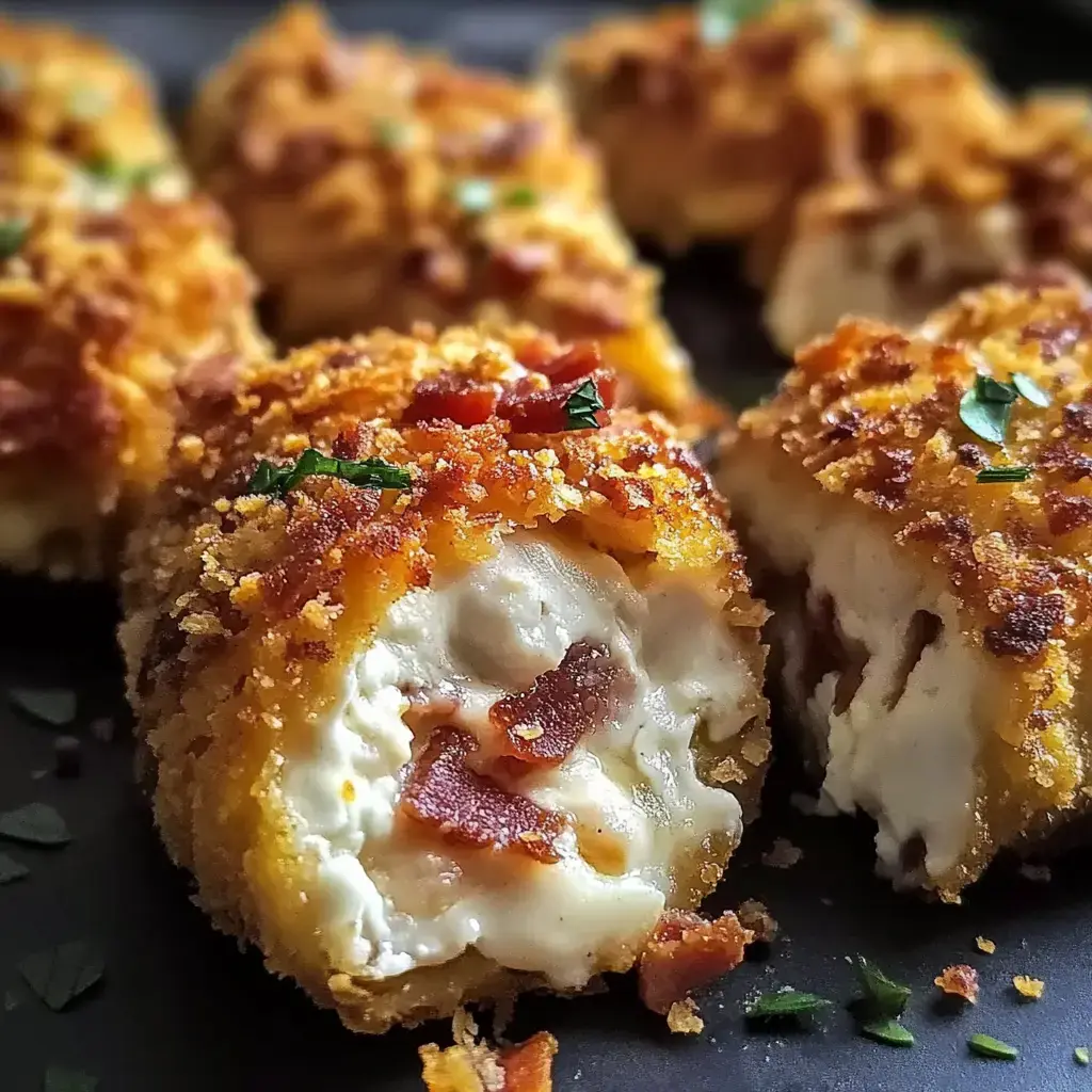 A close-up of crispy, golden-brown fried rolls filled with creamy and bacon bits, garnished with chopped herbs.