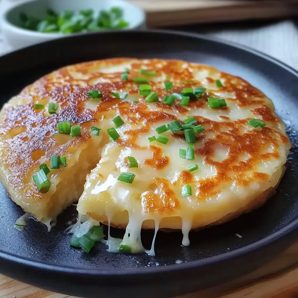 A golden-brown, cheesy pancake topped with chopped green onions sits on a black plate, with a portion pulled away revealing melted cheese inside.