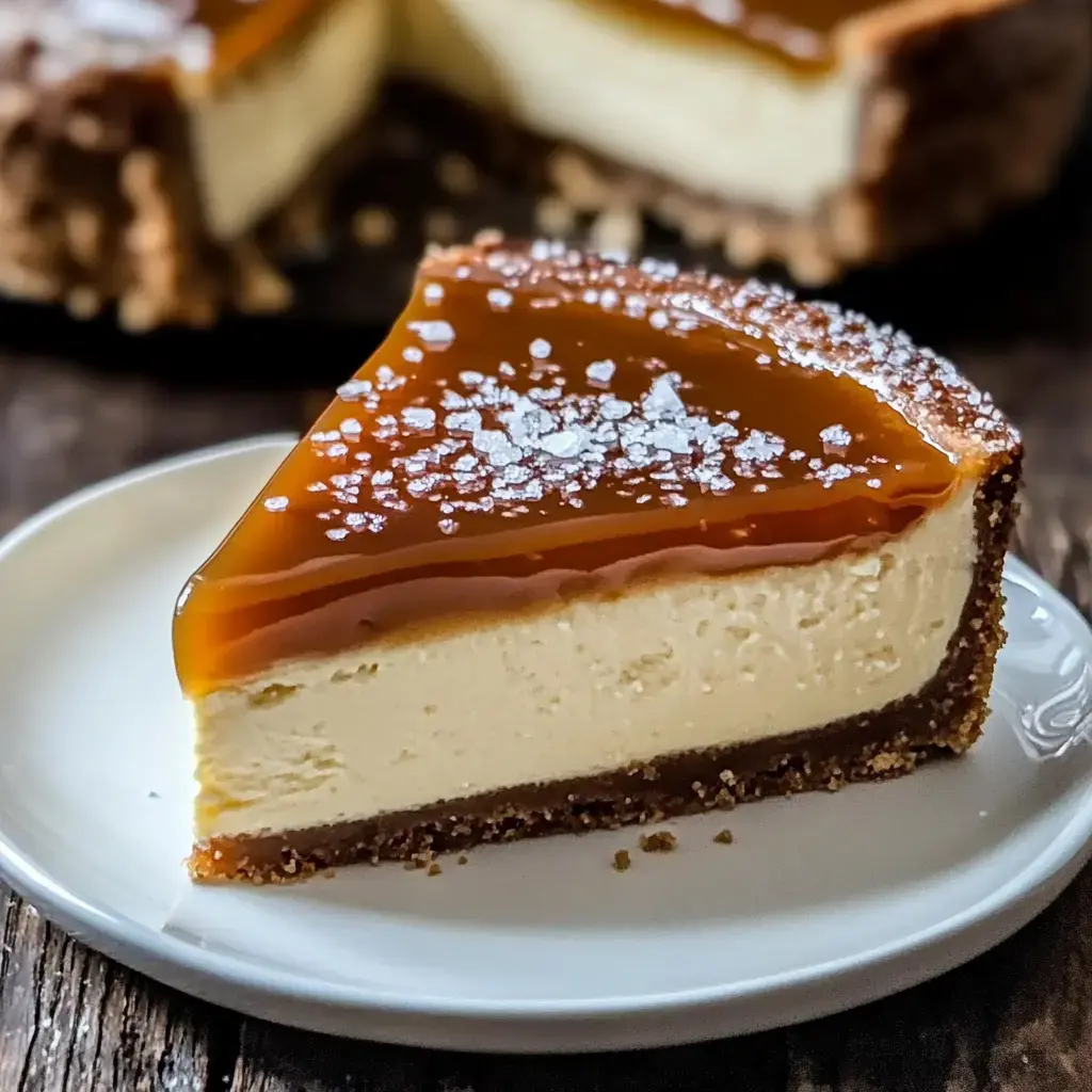 A slice of creamy cheesecake topped with a glossy caramel glaze and sprinkled with coarse salt, served on a white plate.