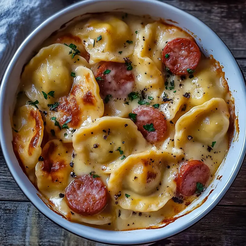 A bowl of baked cheese ravioli with sausage pieces, garnished with parsley.