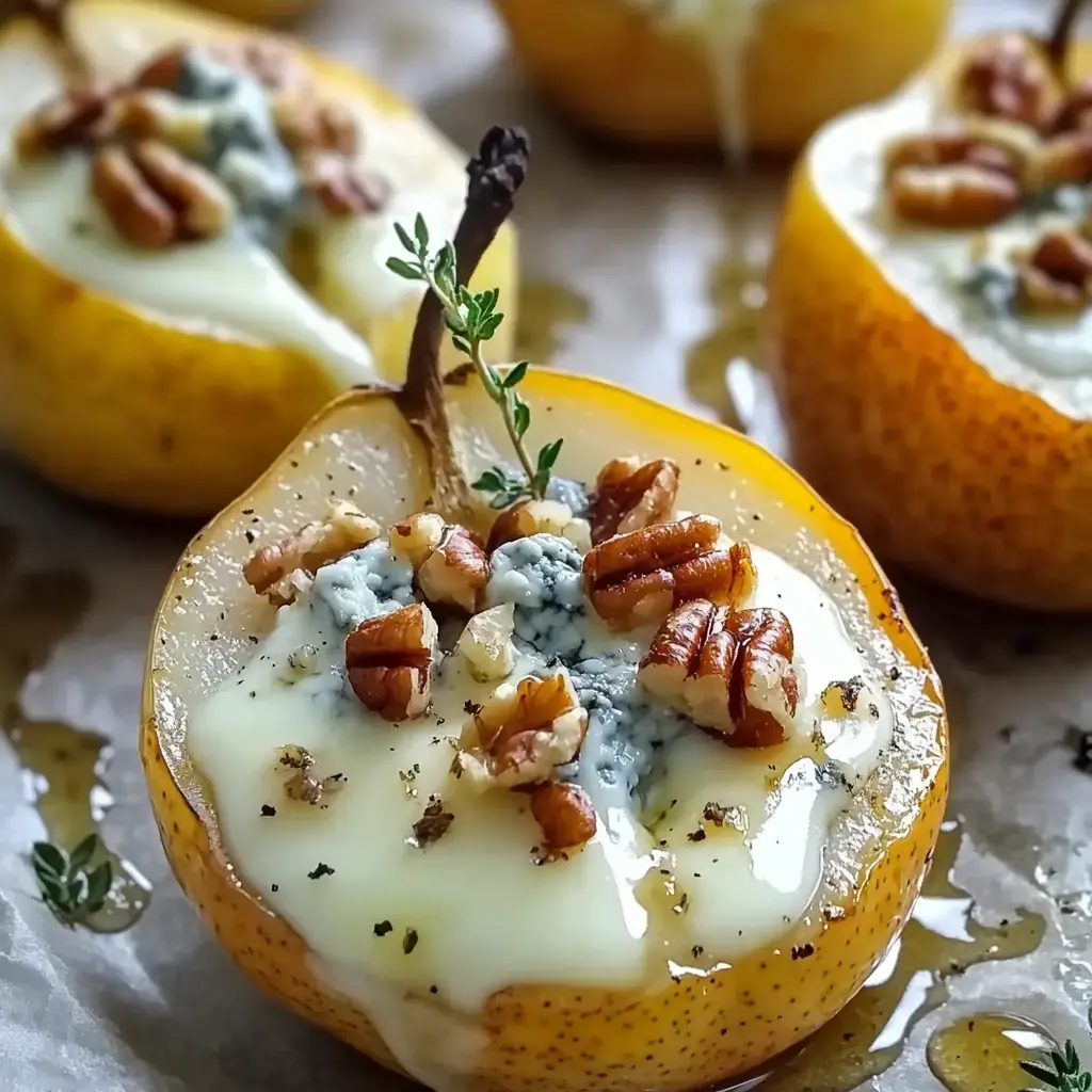 Halved roasted pears topped with blue cheese, pecans, and a sprig of thyme, drizzled with honey.