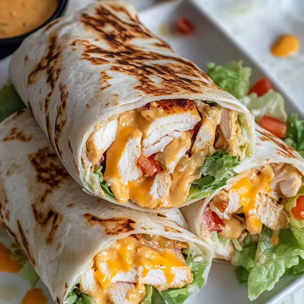 A close-up image of three grilled chicken wraps filled with lettuce, tomato, and melted cheese, served on a plate with a side of dipping sauce.