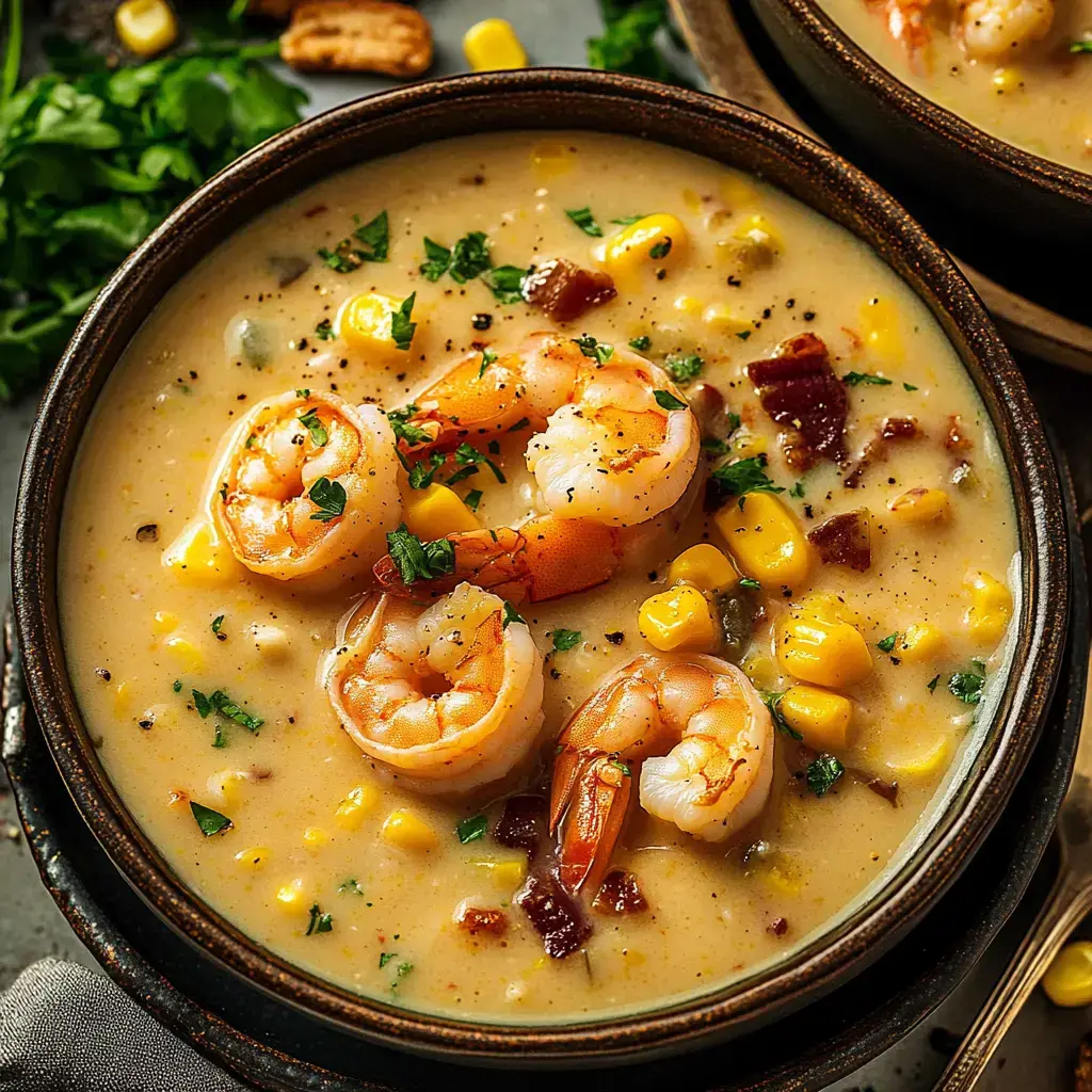 A close-up of a creamy shrimp soup garnished with parsley and mixed with corn and bits of bacon in a dark bowl.