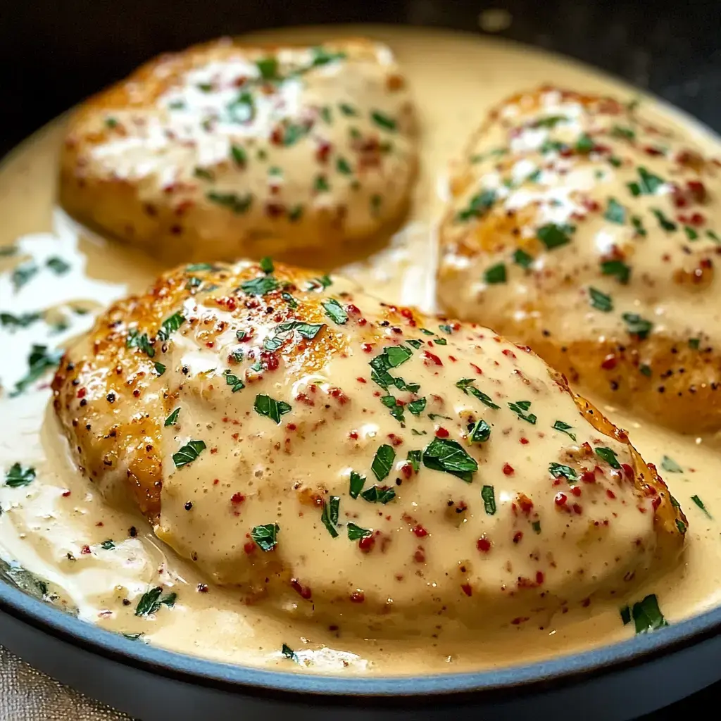 A close-up of three pan-seared chicken breasts covered in a creamy sauce, garnished with parsley and flecks of red spice.