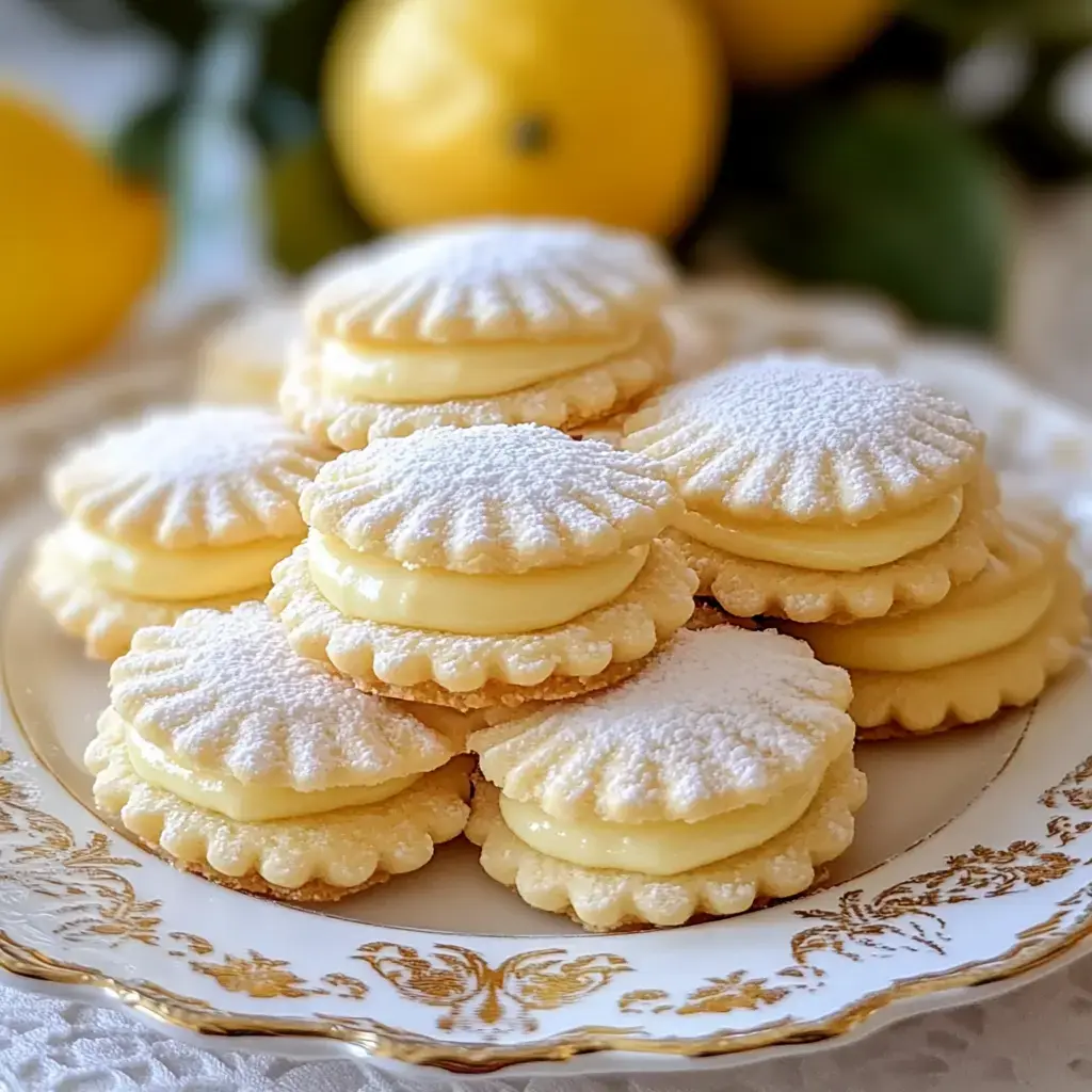 A plate of delicate lemon-filled cookies dusted with powdered sugar, surrounded by fresh lemons.