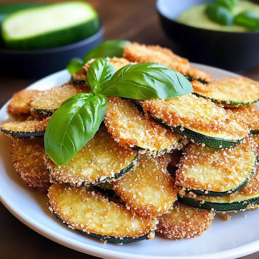 A plate of crispy, golden-brown breaded zucchini slices topped with fresh basil leaves, with a side of sliced cucumber and a bowl of dip in the background.