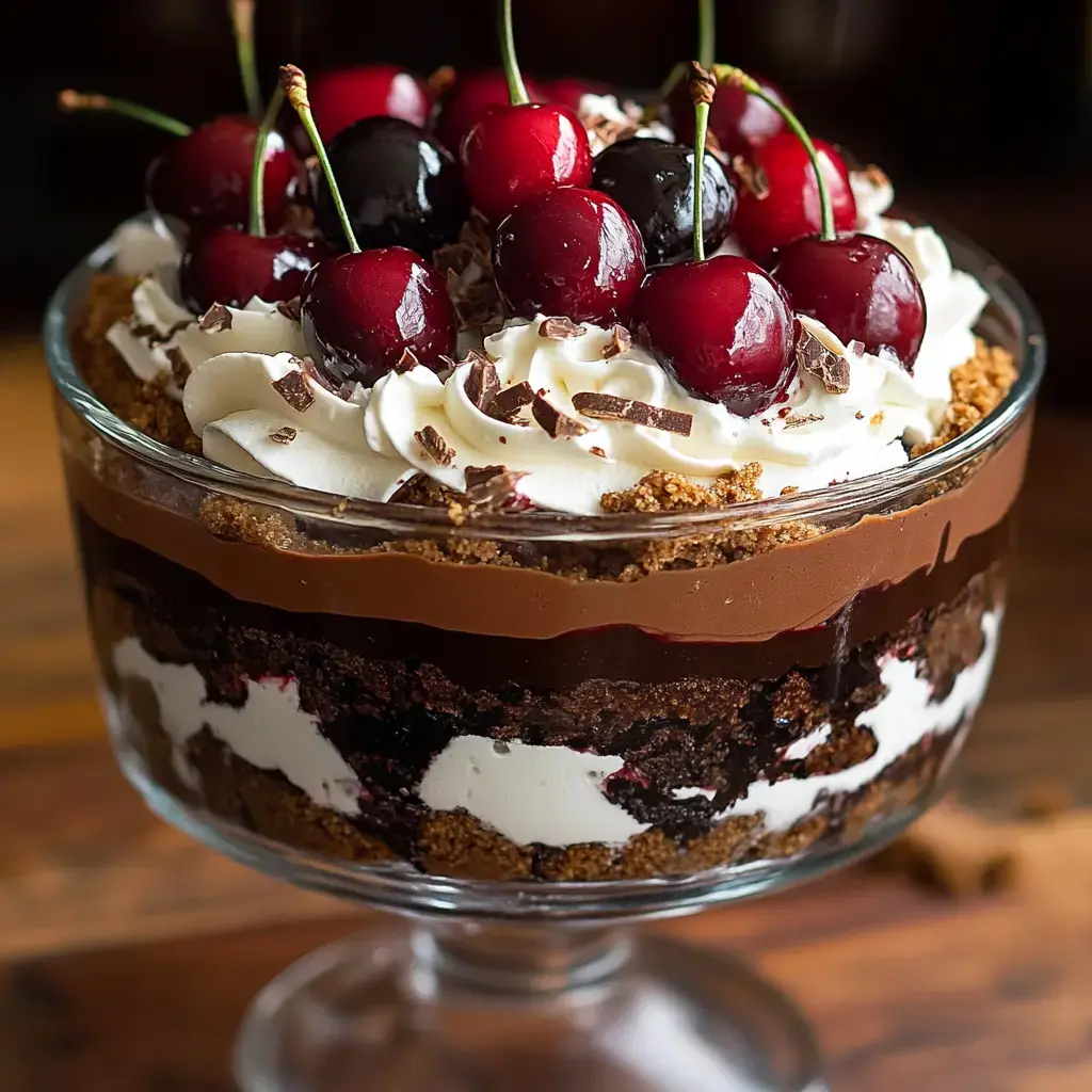 A glass trifle bowl layered with chocolate, cream, cherries, and chocolate shavings.