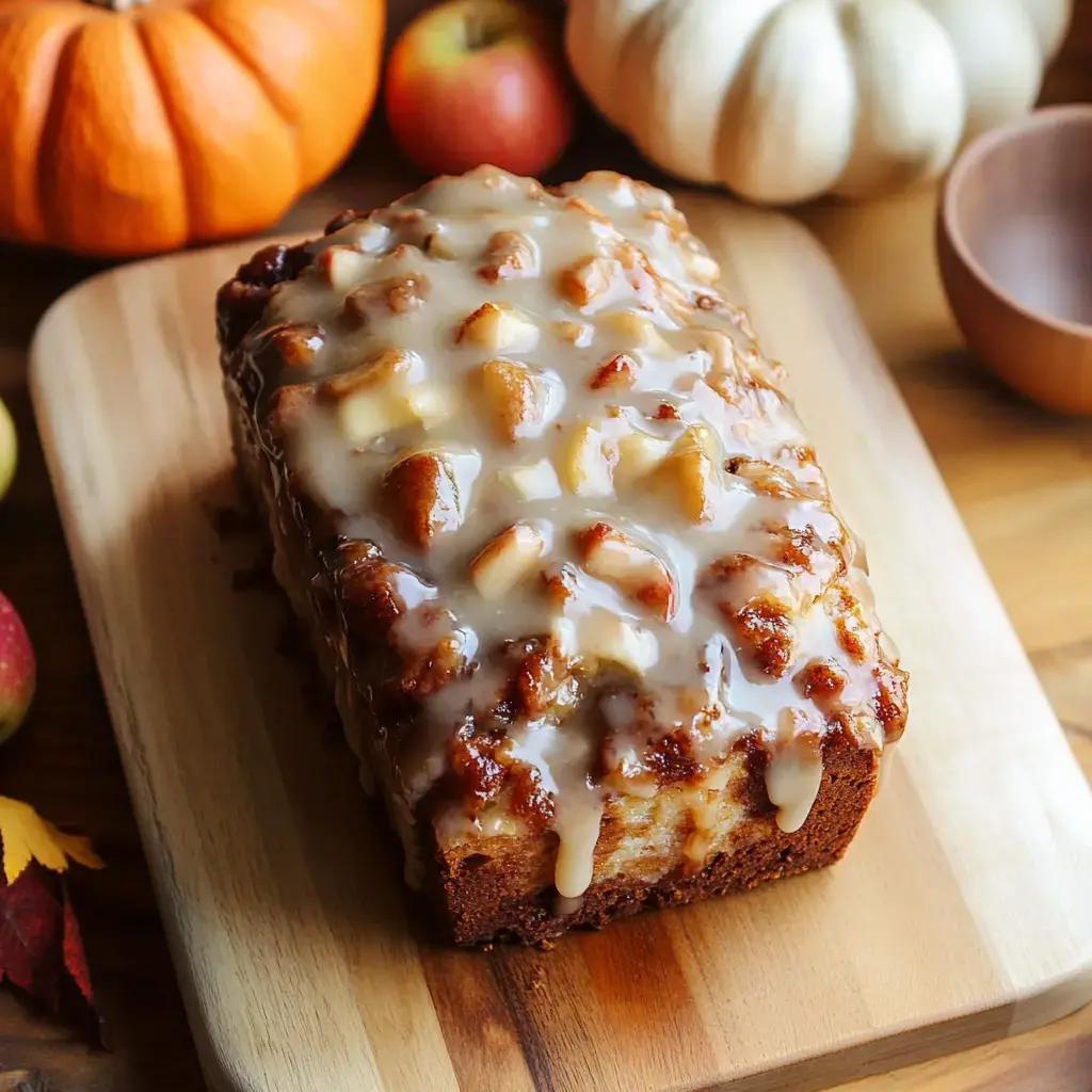 A glazed apple loaf cake is displayed on a wooden cutting board, surrounded by pumpkins and apples.