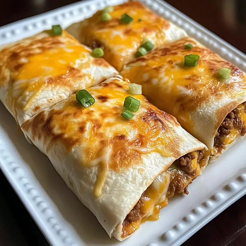 A plate of four cheesy, golden-brown burritos topped with chopped green onions.