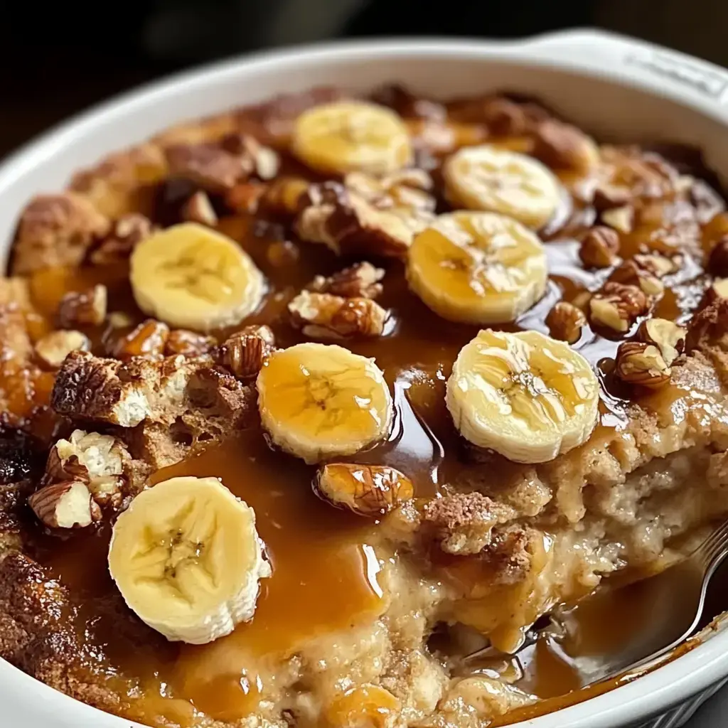 A close-up of a baked dessert topped with sliced bananas, chopped nuts, and drizzled caramel sauce.