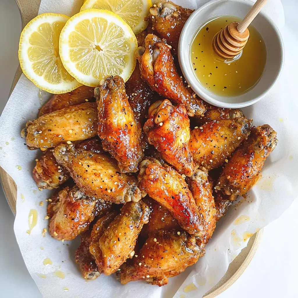 A close-up of crispy chicken wings drizzled with honey, accompanied by lemon slices and a small dish of honey with a honey dipper.