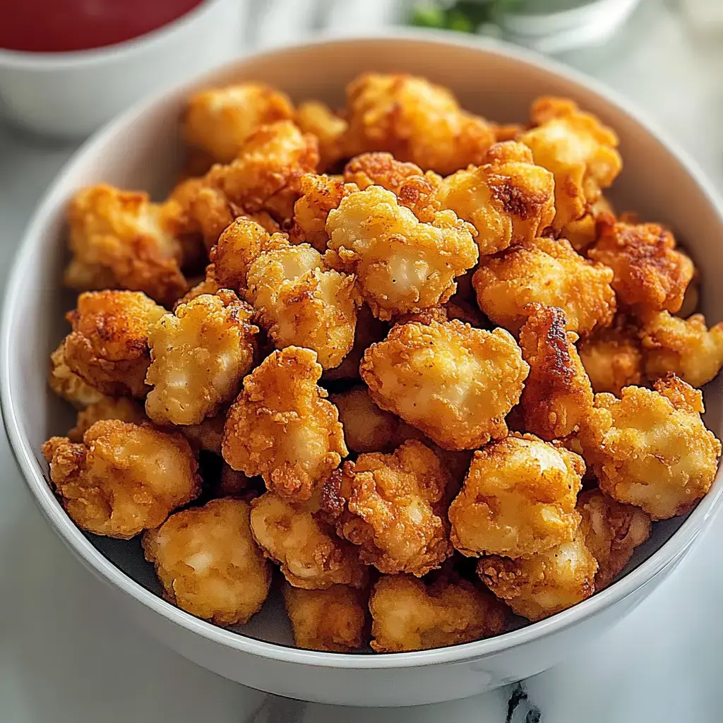 A close-up view of a bowl filled with golden-brown, crispy fried cauliflower pieces.