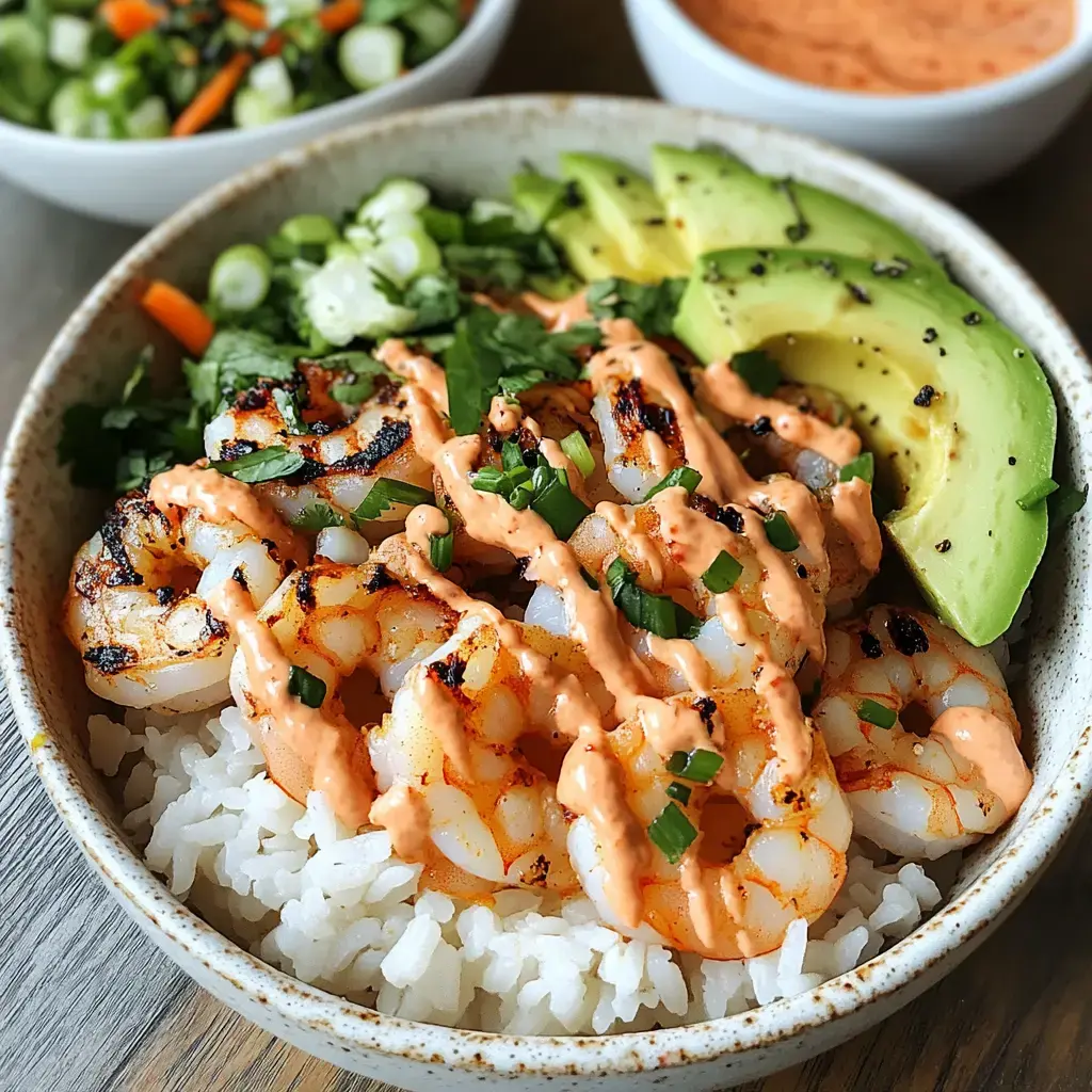 A bowl of white rice topped with grilled shrimp, avocado slices, fresh herbs, and a drizzle of spicy sauce.