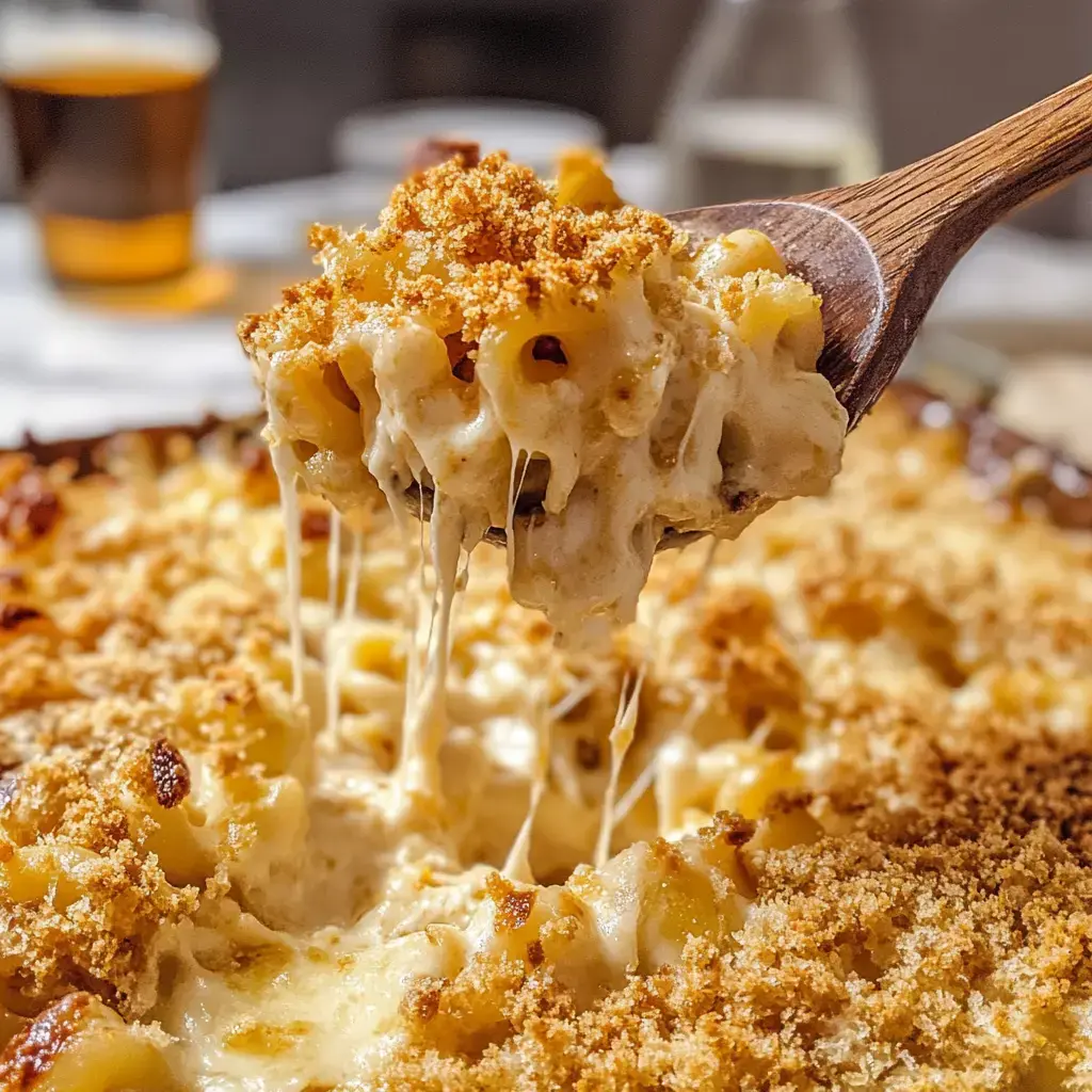 A wooden spoon lifts a serving of cheesy macaroni and cheese, topped with golden breadcrumbs, with gooey cheese stretching from the dish.