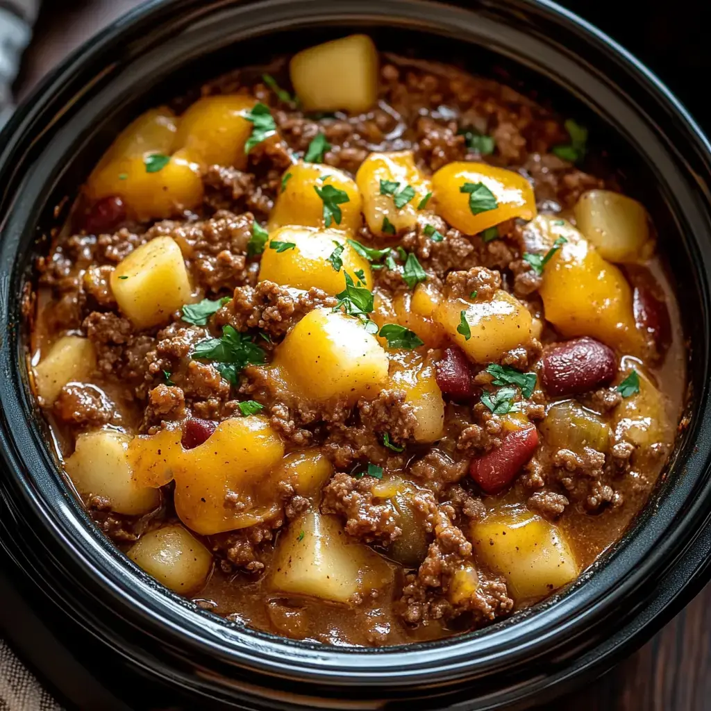 A close-up view of a hearty beef and potato stew with diced potatoes, kidney beans, and herbs garnishing the surface.