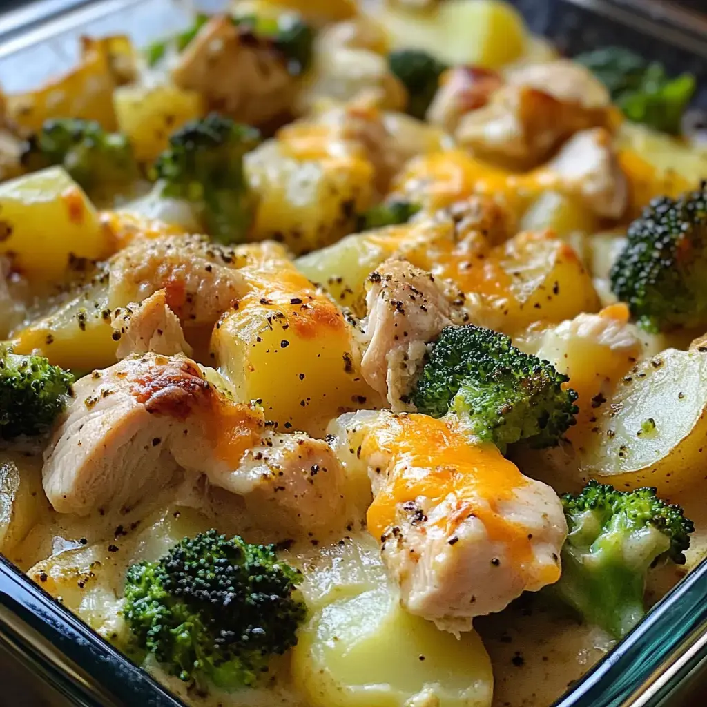 A close-up of a baked dish featuring chunks of chicken, broccoli, and diced potatoes topped with melted cheese and black pepper.