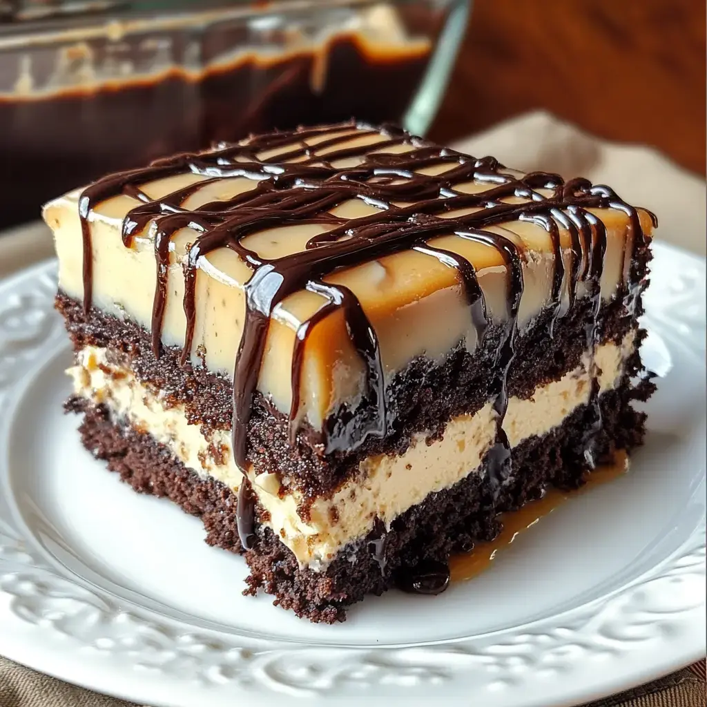 A slice of layered chocolate cake with creamy filling, topped with a glossy caramel and chocolate drizzle, sits on a decorative white plate.