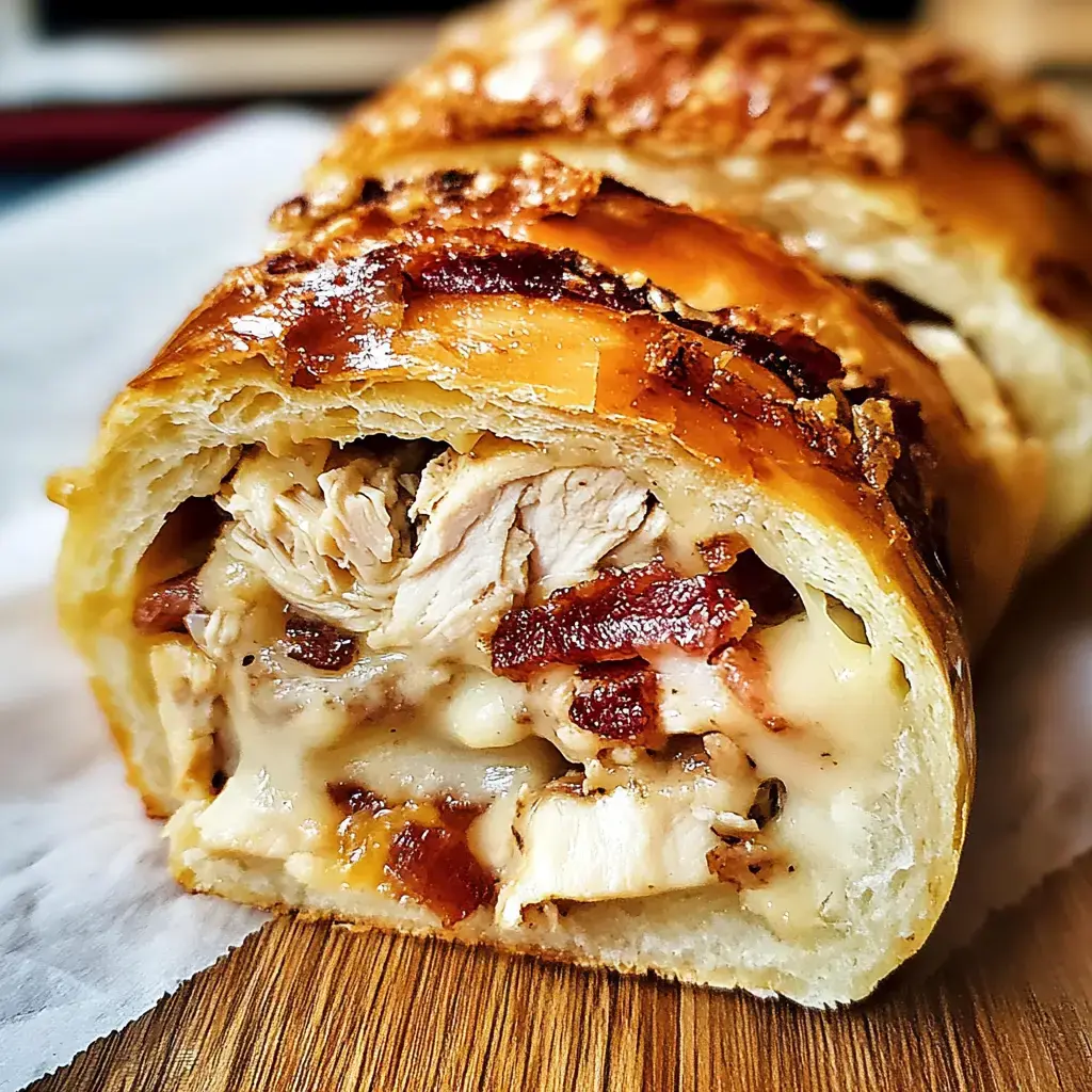 A close-up of a sliced pastry roll filled with chicken, bacon, and cheese, showcasing its golden, flaky crust and savory filling.