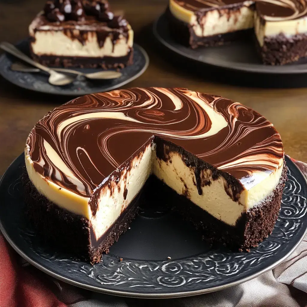 A rich, multi-layered cheesecake with a chocolate swirl topping, partially sliced, sits on a decorative plate.