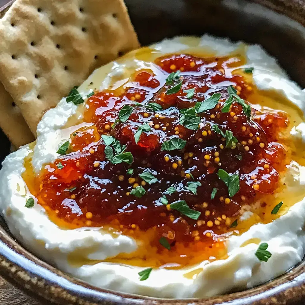 A bowl of creamy cheese topped with a sweet, spicy sauce and garnished with chopped herbs, accompanied by a cracker.