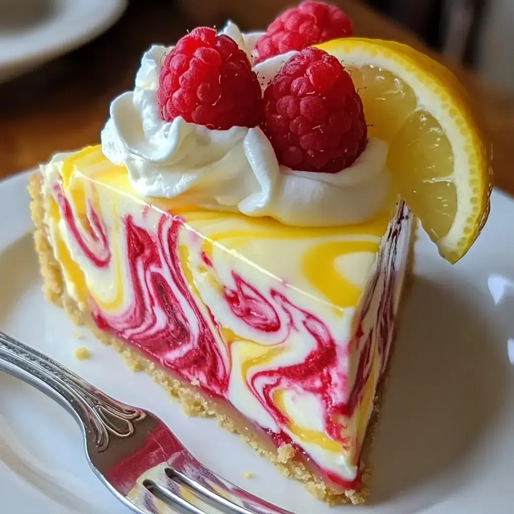 A slice of swirled raspberry and lemon cheesecake topped with whipped cream, fresh raspberries, and a lemon wedge on a plate.