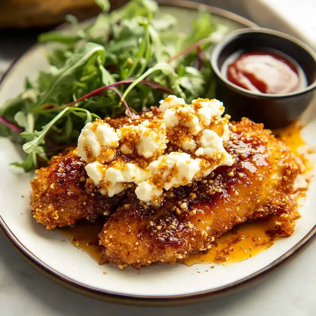 A plate featuring two pieces of fried chicken topped with a crumbly mixture and served alongside a fresh salad and a small dish of dipping sauce.