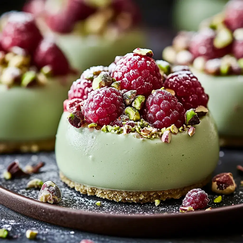 A close-up of a green dessert topped with fresh raspberries and chopped pistachios, sitting on a dark plate with crumbs scattered around.