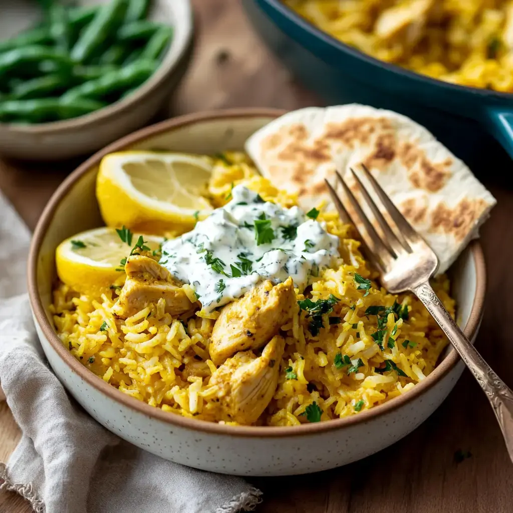 A bowl of yellow rice topped with chicken, yogurt sauce, lemon wedges, and fresh cilantro, accompanied by a piece of flatbread and green beans in the background.