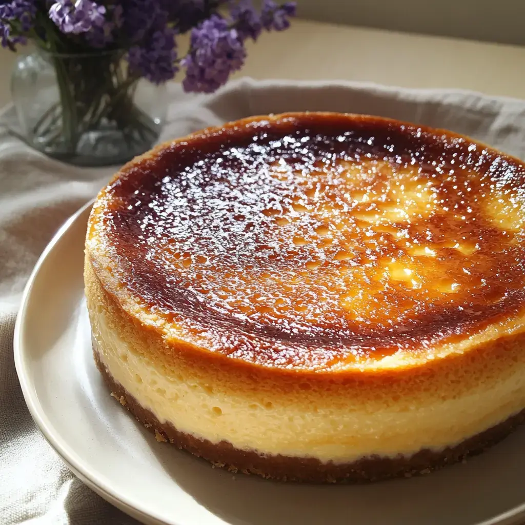 A beautifully baked cheesecake garnished with powdered sugar, displayed on a plate next to a bouquet of purple flowers.