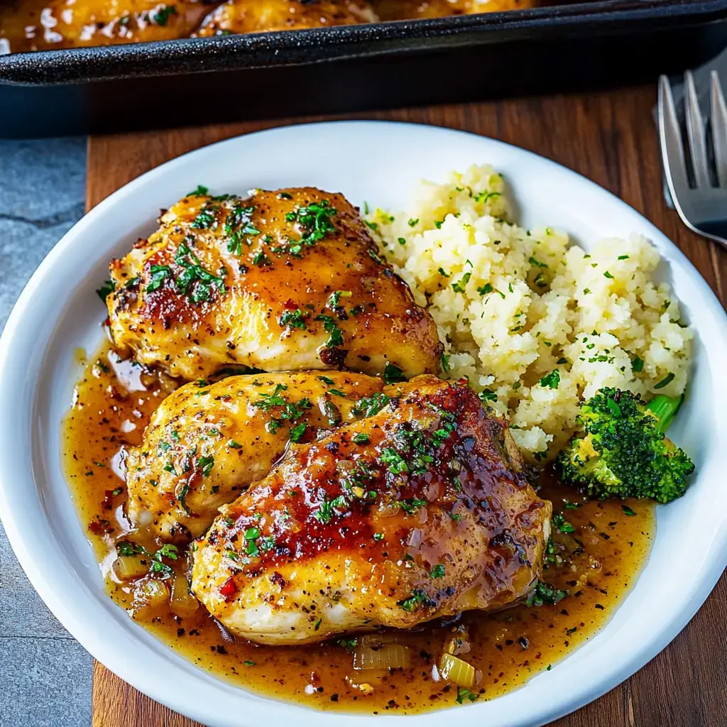 A plate of glazed chicken thighs garnished with herbs, served alongside fluffy couscous and broccoli.